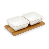 Dyna Marbled - 2 Ceramic Serving Bowl Set on Wooden Tray - Gold & White - Dinnerware - Tableware