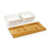 Dyna Marbled - 2 Ceramic Serving Bowl Set on Wooden Tray - Gold & White - Dinnerware - Tableware
