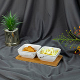 Dyna Marbled - 2 Ceramic Serving Bowl Set on Wooden Tray - Gold & White - Dinnerware - Tableware