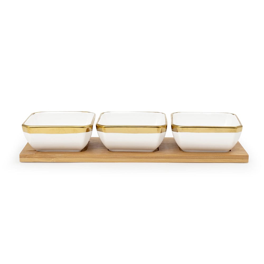 Linea - 3 Ceramic Serving Bowl Set on Wooden Tray - Gold & White - Dinnerware - Serveware - Bowls