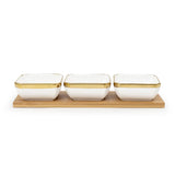 Linea - 3 Ceramic Serving Bowl Set on Wooden Tray - Gold & White - Dinnerware - Serveware - Bowls