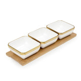 Linea - 3 Ceramic Serving Bowl Set on Wooden Tray - Gold & White - Dinnerware - Serveware - Bowls
