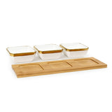 Linea - 3 Ceramic Serving Bowl Set on Wooden Tray - Gold & White - Dinnerware - Serveware - Bowls