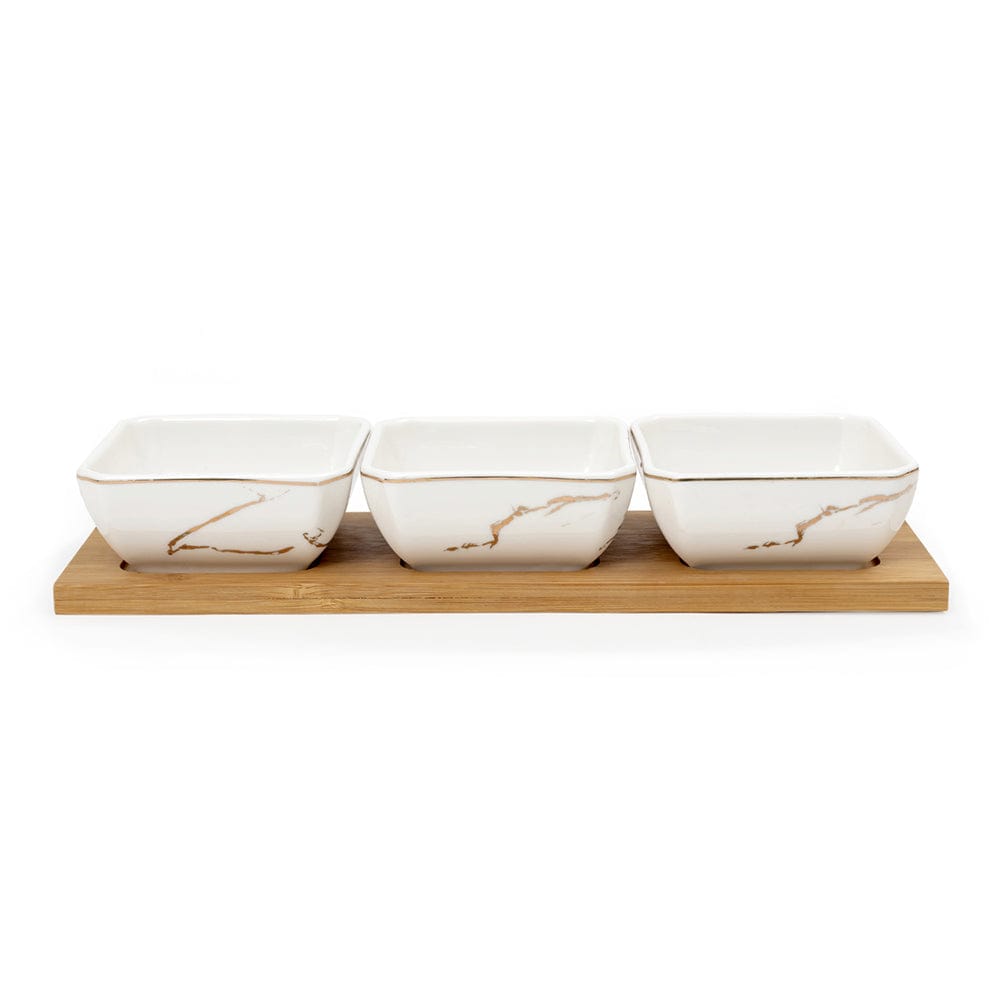 Dyna Marbled - 3 Ceramic Serving Bowl Set on Wooden Tray - Gold & White - Dinnerware - Tableware