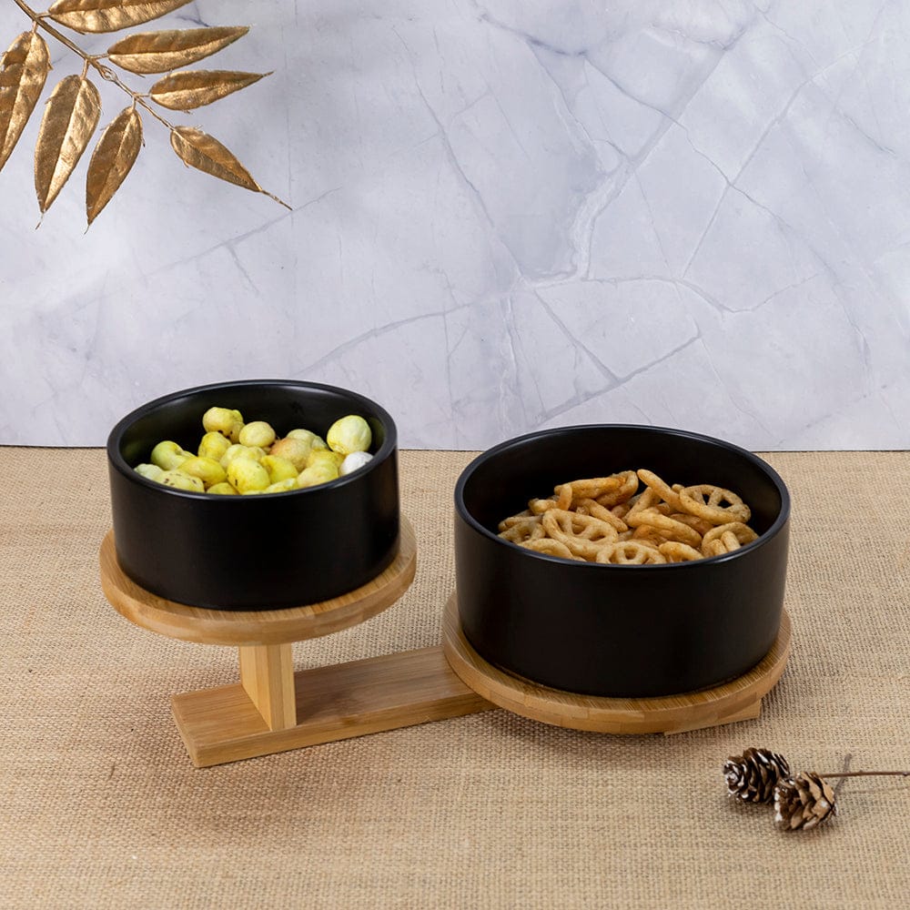 High & Low : 2 Ceramic Bowls on Wooden Stand - Black