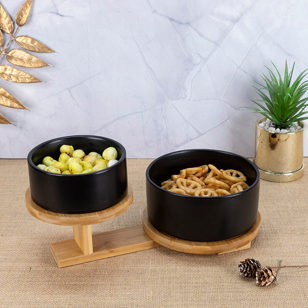 High & Low : 2 Ceramic Bowls on Wooden Stand - Black