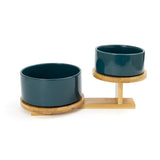 High & Low : 2 Ceramic Bowls on Wooden Stand - Green