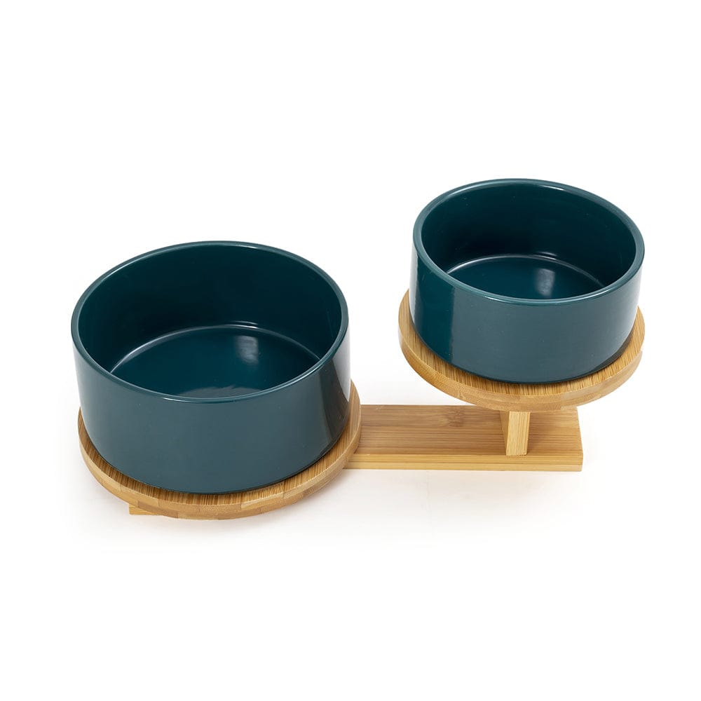 High & Low : 2 Ceramic Bowls on Wooden Stand - Green