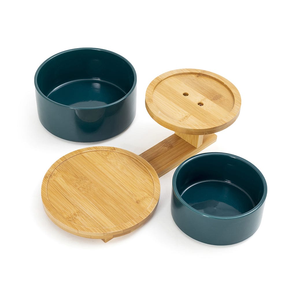 High & Low : 2 Ceramic Bowls on Wooden Stand - Green