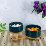 High & Low : 2 Ceramic Bowls on Wooden Stand - Green