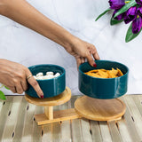 High & Low : 2 Ceramic Bowls on Wooden Stand - Green