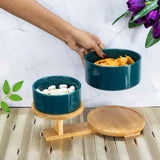 High & Low : 2 Ceramic Bowls on Wooden Stand - Green