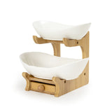 2 Layer Nordic White Ceramic Platters on Wooden Stand with Cutlery Drawer