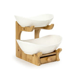 2 Layer Nordic White Ceramic Platters on Wooden Stand with Cutlery Drawer