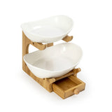 2 Layer Nordic White Ceramic Platters on Wooden Stand with Cutlery Drawer