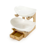 2 Layer Nordic White Ceramic Platters on Wooden Stand with Cutlery Drawer