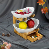 2 Layer Nordic White Ceramic Platters on Wooden Stand with Cutlery Drawer