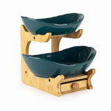 2 Layer Nordic Green Ceramic Platters on Wooden Stand with Cutlery Drawer