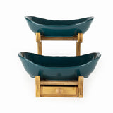 2 Layer Nordic Green Ceramic Platters on Wooden Stand with Cutlery Drawer