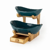 2 Layer Nordic Green Ceramic Platters on Wooden Stand with Cutlery Drawer