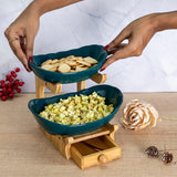 2 Layer Nordic Green Ceramic Platters on Wooden Stand with Cutlery Drawer
