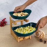 2 Layer Nordic Green Ceramic Platters on Wooden Stand with Cutlery Drawer
