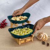 2 Layer Nordic Green Ceramic Platters on Wooden Stand with Cutlery Drawer