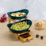 2 Layer Nordic Green Ceramic Platters on Wooden Stand with Cutlery Drawer