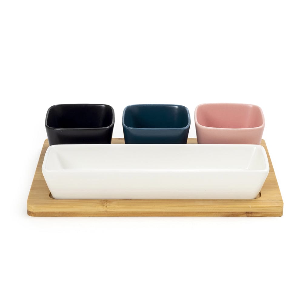 White, Blue pink and Black 4 Ceramic Serving Bowls on Wooden Tray