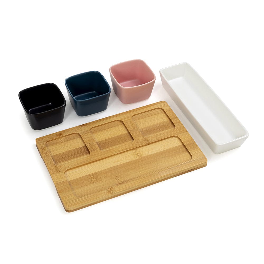 White, Blue pink and Black 4 Ceramic Serving Bowls on Wooden Tray
