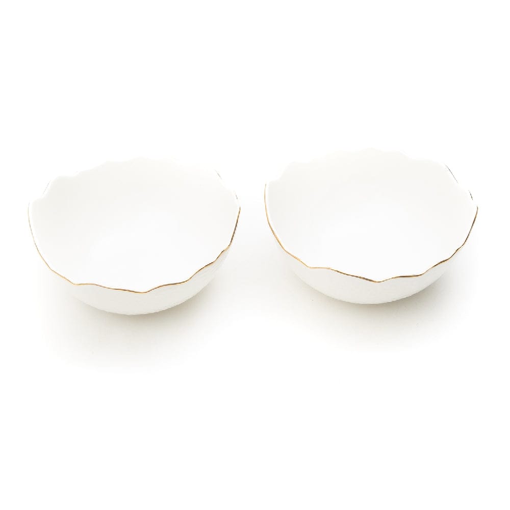 White Phnom Pehn Ceramic Bowls with Gold Border - Large - Set of 2
