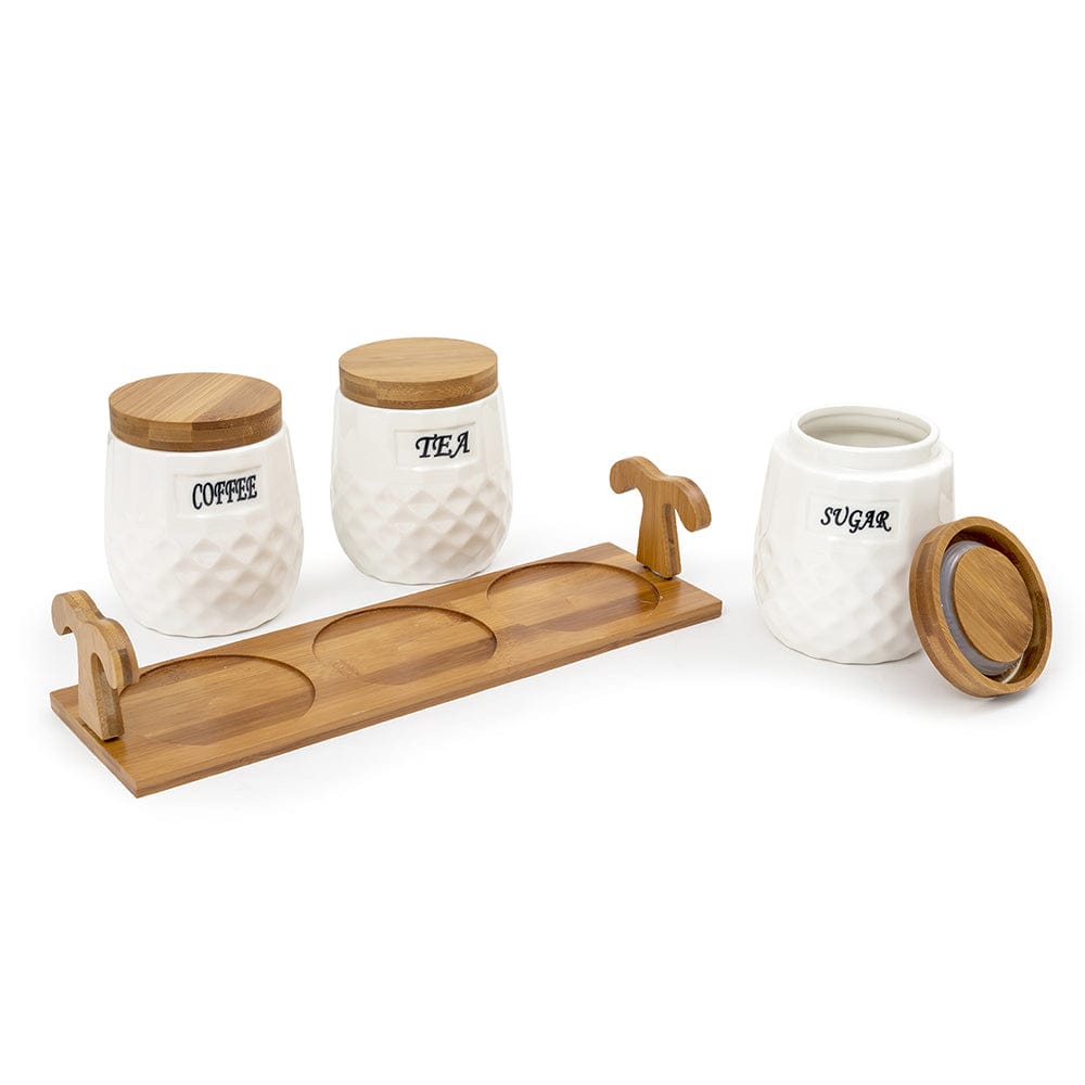 White Ceramic Checkers Tea Coffee Sugar 3 Canisters Set with Wooden St