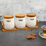 White Ceramic Checkers Tea Coffee Sugar 3 Canisters Set with Wooden Stand Tray