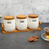 White Ceramic Checkers Tea Coffee Sugar 3 Canisters Set with Wooden Stand Tray
