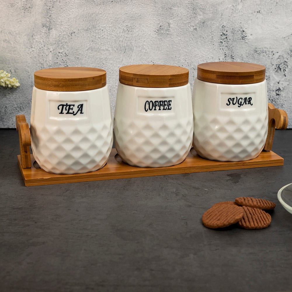 White Ceramic Checkers Tea Coffee Sugar 3 Canisters Set with Wooden St