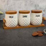 White Ceramic Checkers Tea Coffee Sugar 3 Canisters Set with Wooden Stand Tray