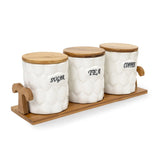 White Ceramic Cerimoya Tea Coffee Sugar 3 Canisters Set with Wooden Stand Tray
