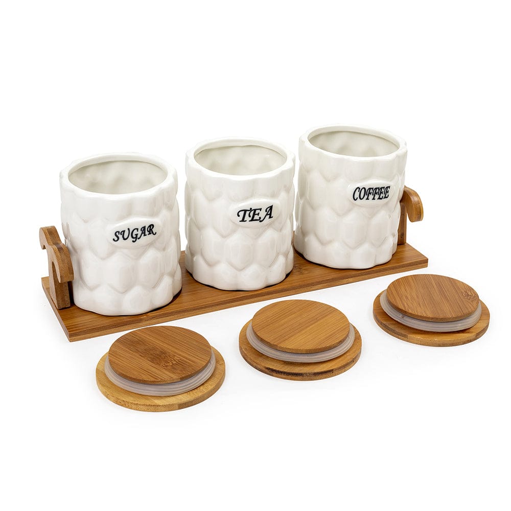 White Ceramic Cerimoya Tea Coffee Sugar 3 Canisters Set with Wooden Stand Tray