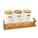 White Ceramic Cerimoya Tea Coffee Sugar 3 Canisters Set with Wooden Stand Tray