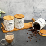 White Ceramic Cerimoya Tea Coffee Sugar 3 Canisters Set with Wooden Stand Tray