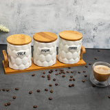 White Ceramic Cerimoya Tea Coffee Sugar 3 Canisters Set with Wooden Stand Tray