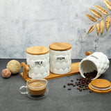 White Ceramic Cerimoya Tea Coffee Sugar 3 Canisters Set with Wooden Stand Tray