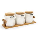 White Ceramic Sauve Tea Coffee Sugar 3 Canisters Set with Wooden Stand Tray
