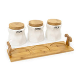 White Ceramic Sauve Tea Coffee Sugar 3 Canisters Set with Wooden Stand Tray