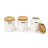White Ceramic Sauve Tea Coffee Sugar 3 Canisters Set with Wooden Stand Tray