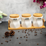 White Ceramic Sauve Tea Coffee Sugar 3 Canisters Set with Wooden Stand Tray