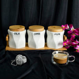 White Ceramic Sauve Tea Coffee Sugar 3 Canisters Set with Wooden Stand Tray