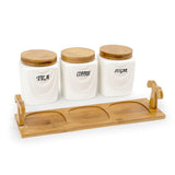 White Ceramic Curtains Tea Coffee Sugar 3 Canisters Set with Wooden Stand Tray