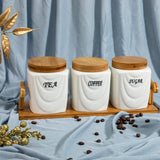 White Ceramic Curtains Tea Coffee Sugar 3 Canisters Set with Wooden Stand Tray