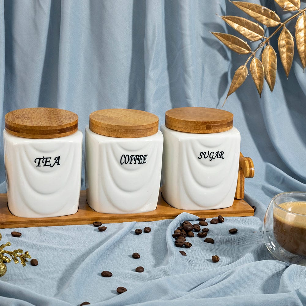 Canister Set Tea Coffee Sugar Rack White Ceramic Curtains Tea